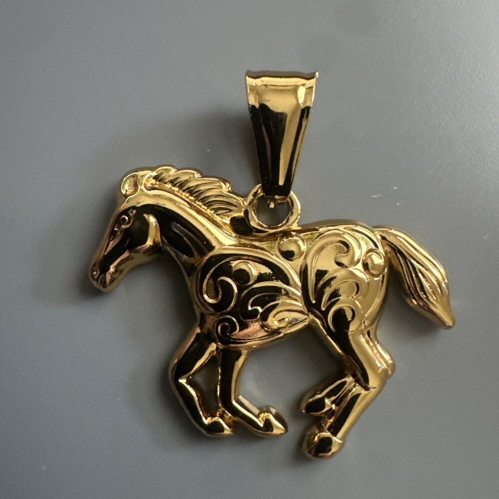 Horse Pony Gold Plated Stainless Steel Pendant 24 Inch Chain Men’s Racing Gift